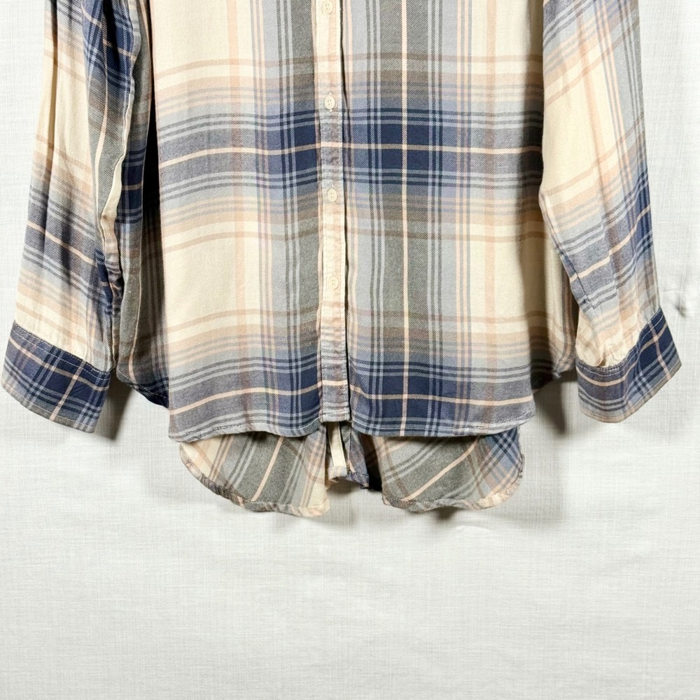 Lucky Brand Plaid Button Down Women Blue Cream Back Button Split Hem L Grunge - Picture 4 of 9